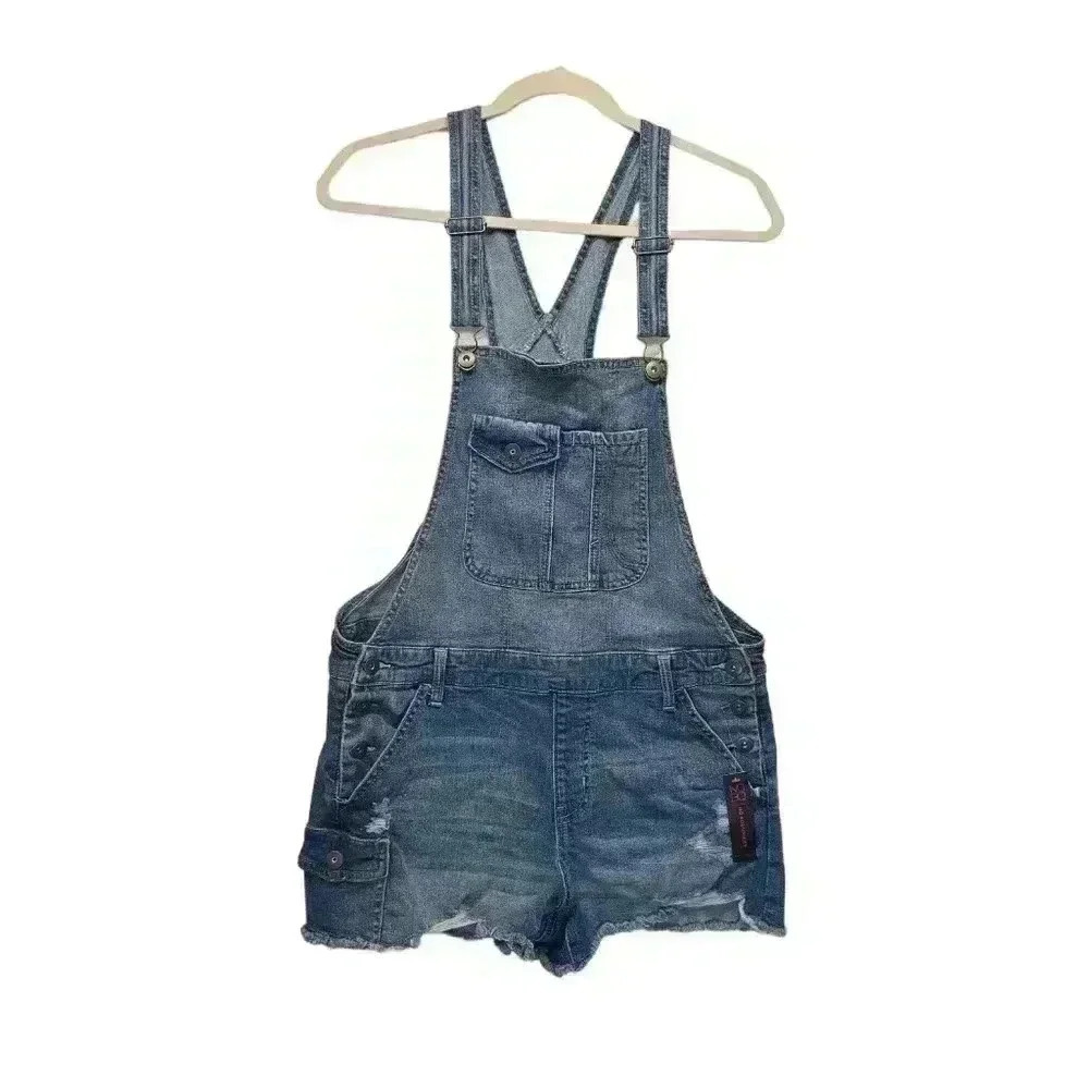 NWT No Boundaries Denim Overall Shorts Distressed Cutoffs Medium Wash *Read*